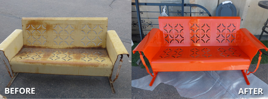 Rusty patio furniture BEFORE and AFTER powder coating