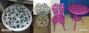 Vintage patio set is new again - BEFORE and AFTER glossy pink powder coating